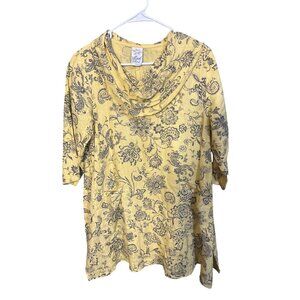 Match Point Yellow Linen Tunic Top S Floral Paisley Print 3/4 Sleeve Cowl Neck